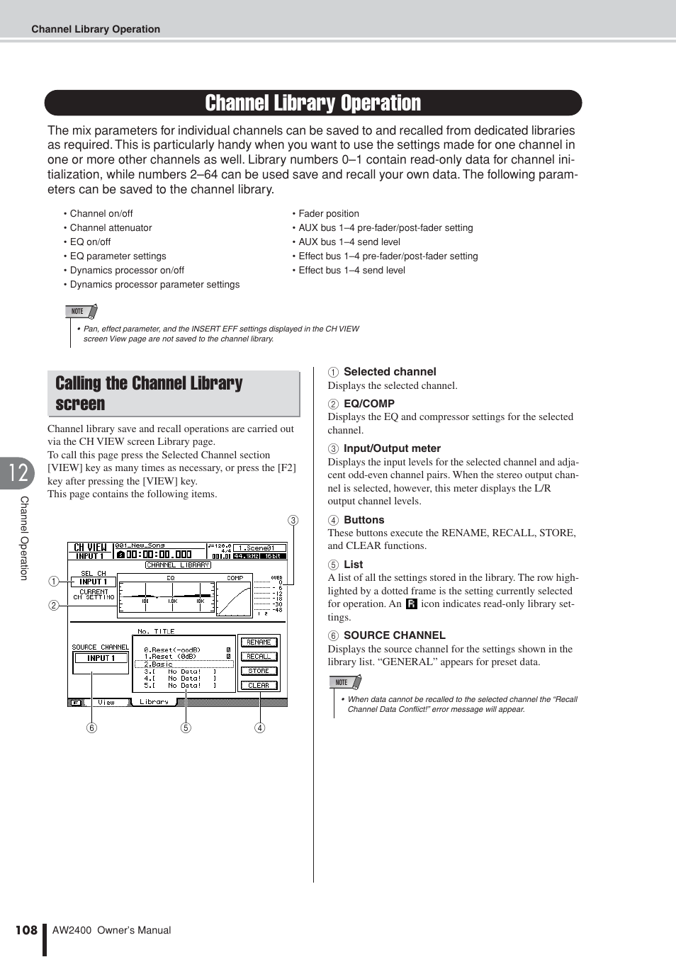 Channel library operation, Calling the channel library screen | Yamaha AW2400 User Manual | Page 108 / 288