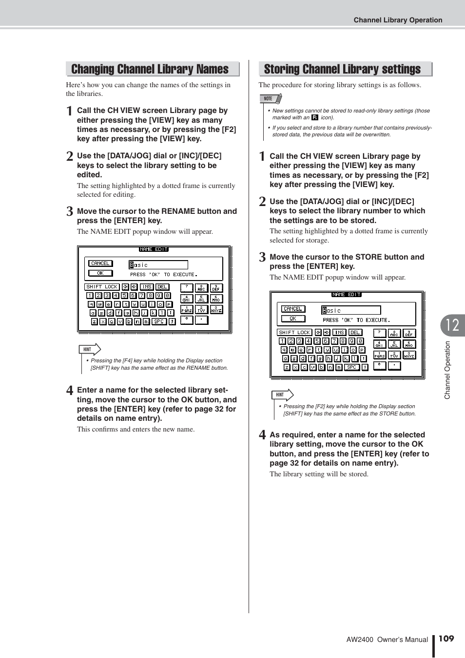 Changing channel library names, Storing channel library settings | Yamaha AW2400 User Manual | Page 109 / 288