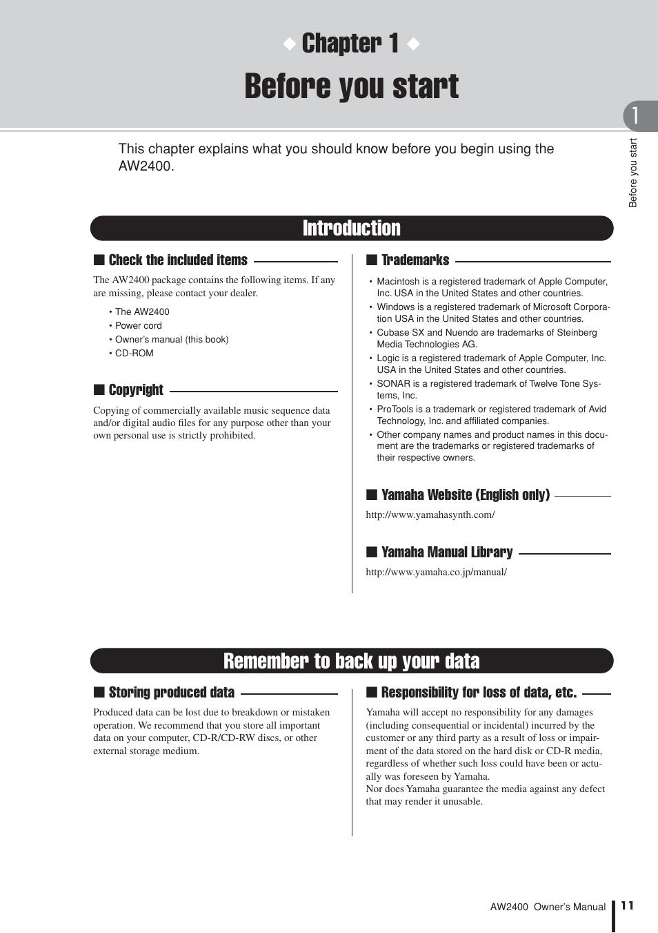 Before you start, Introduction, Remember to back up your data | Chapter 1 | Yamaha AW2400 User Manual | Page 11 / 288