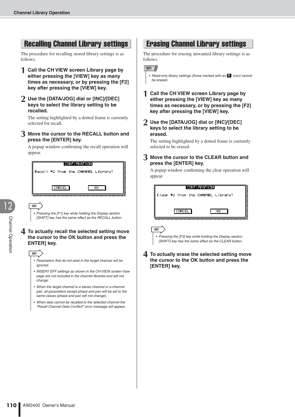 Recalling channel library settings, Erasing channel library settings | Yamaha AW2400 User Manual | Page 110 / 288
