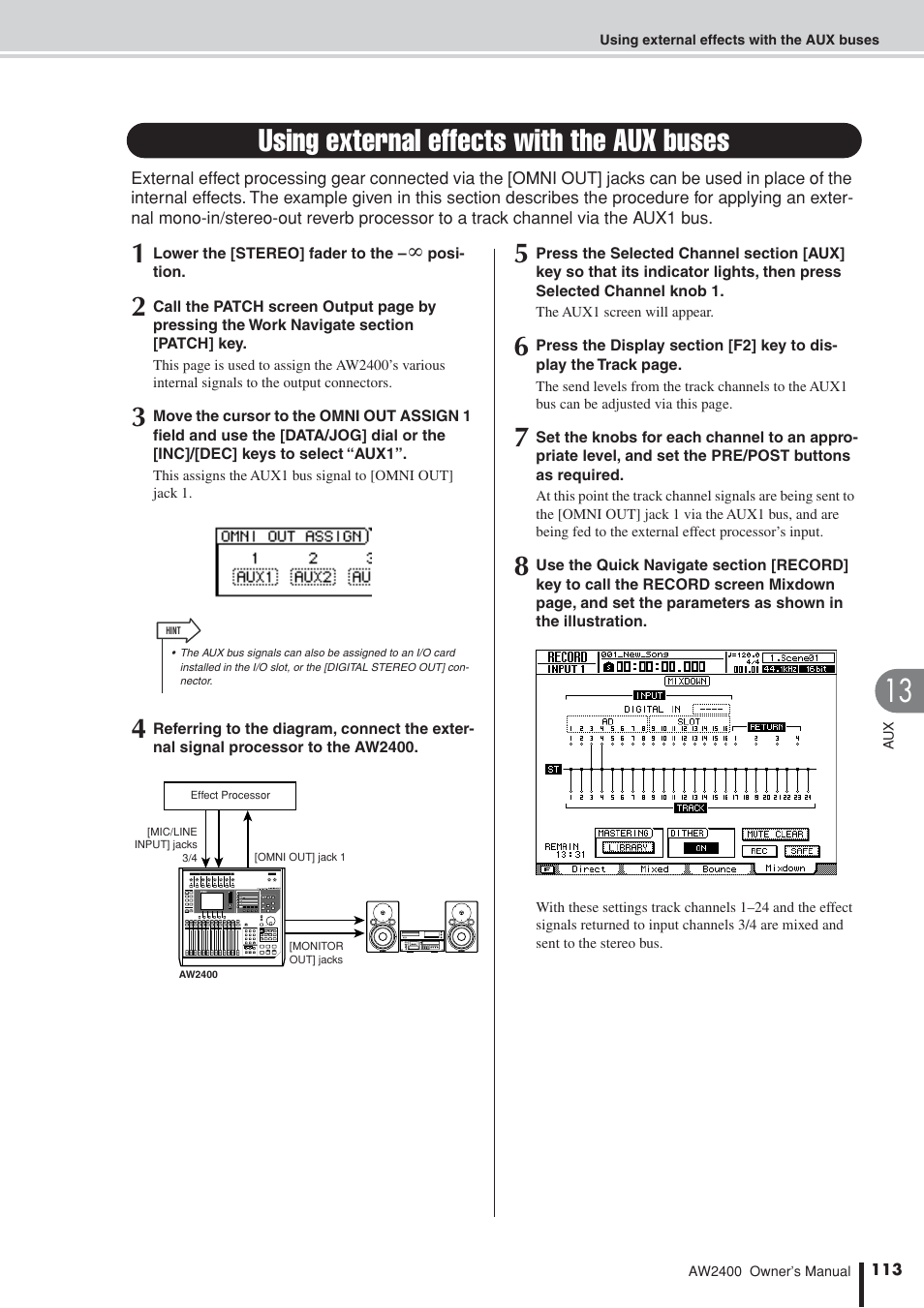 Using external effects with the aux buses | Yamaha AW2400 User Manual | Page 113 / 288