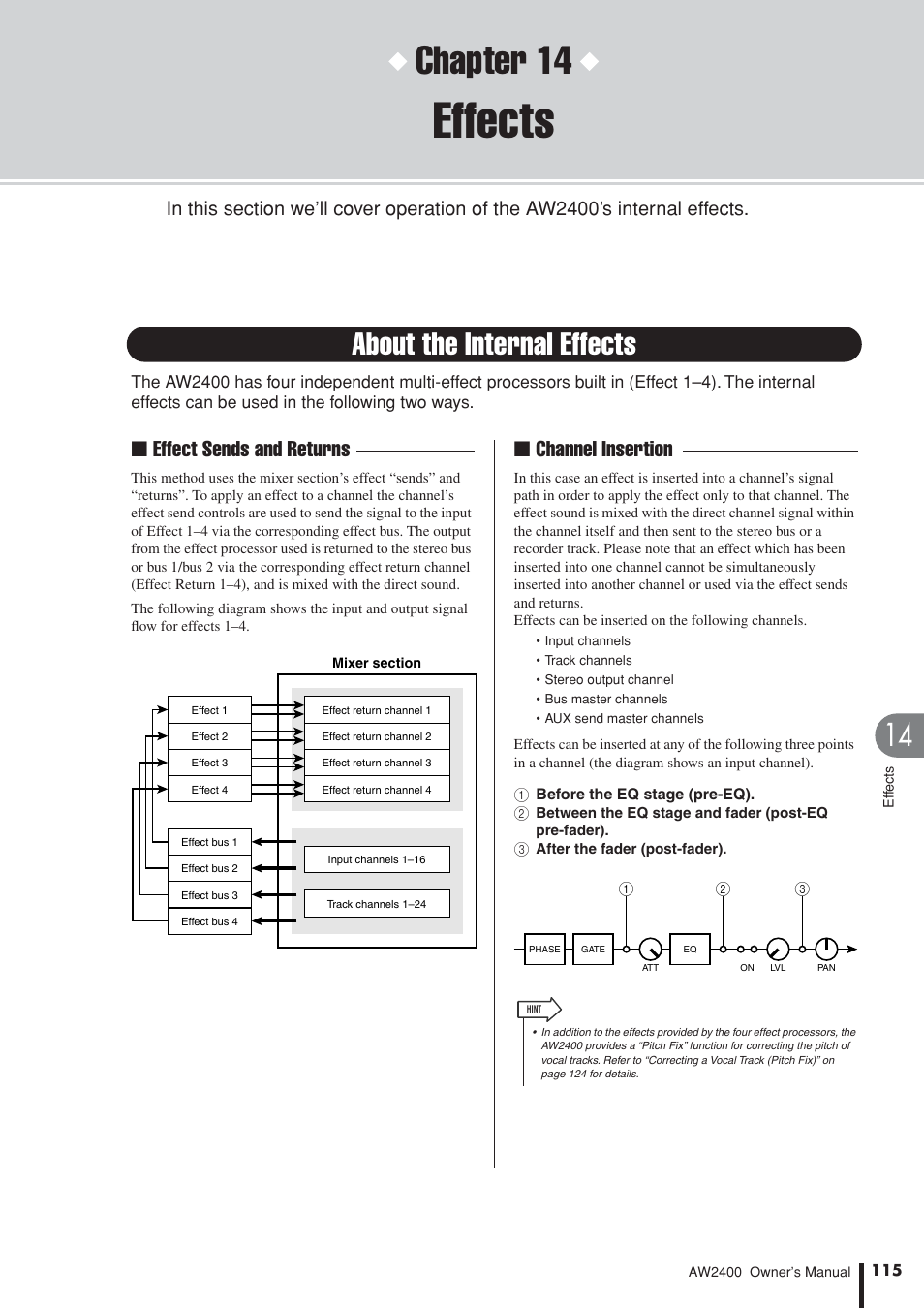 Effects, About the internal effects, Chapter 14 | Effect sends and returns, Channel insertion | Yamaha AW2400 User Manual | Page 115 / 288