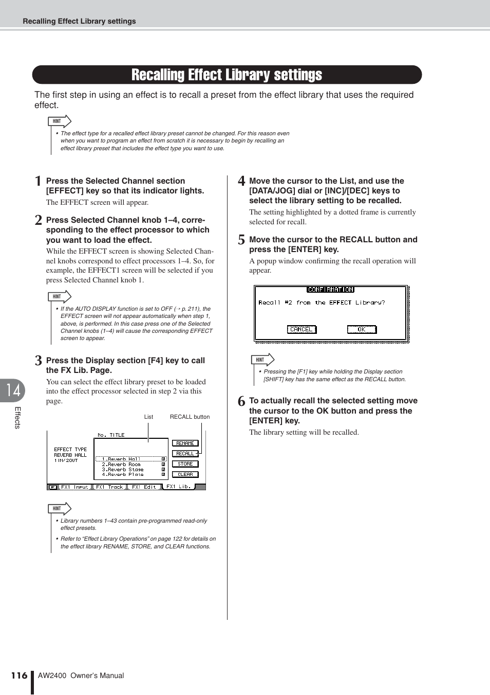 Recalling effect library settings | Yamaha AW2400 User Manual | Page 116 / 288