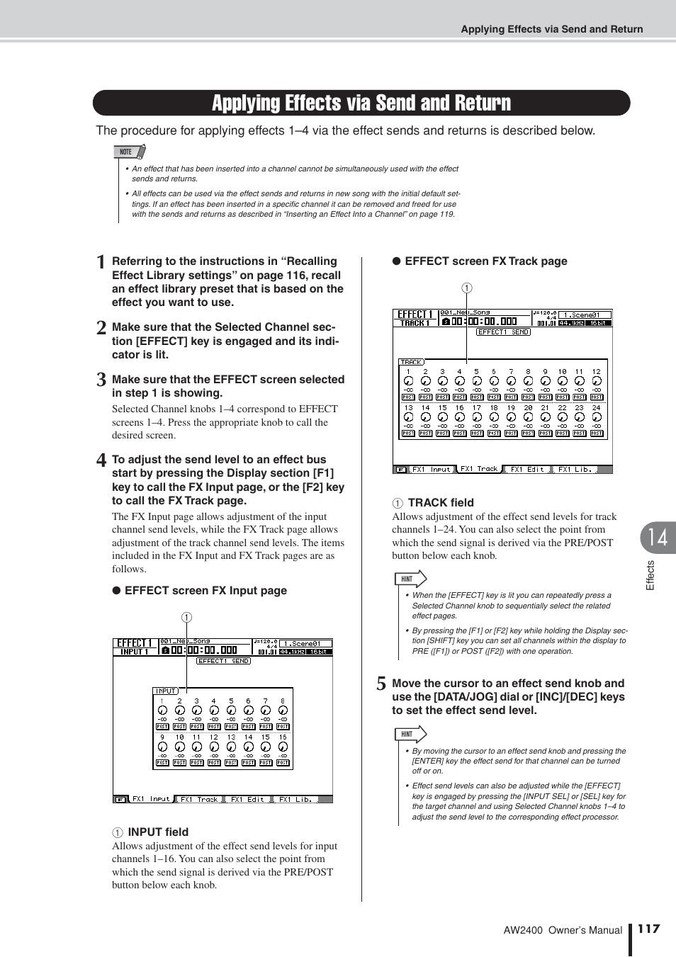 Applying effects via send and return, Er to “applying effects via send and return, P. 117) | Yamaha AW2400 User Manual | Page 117 / 288