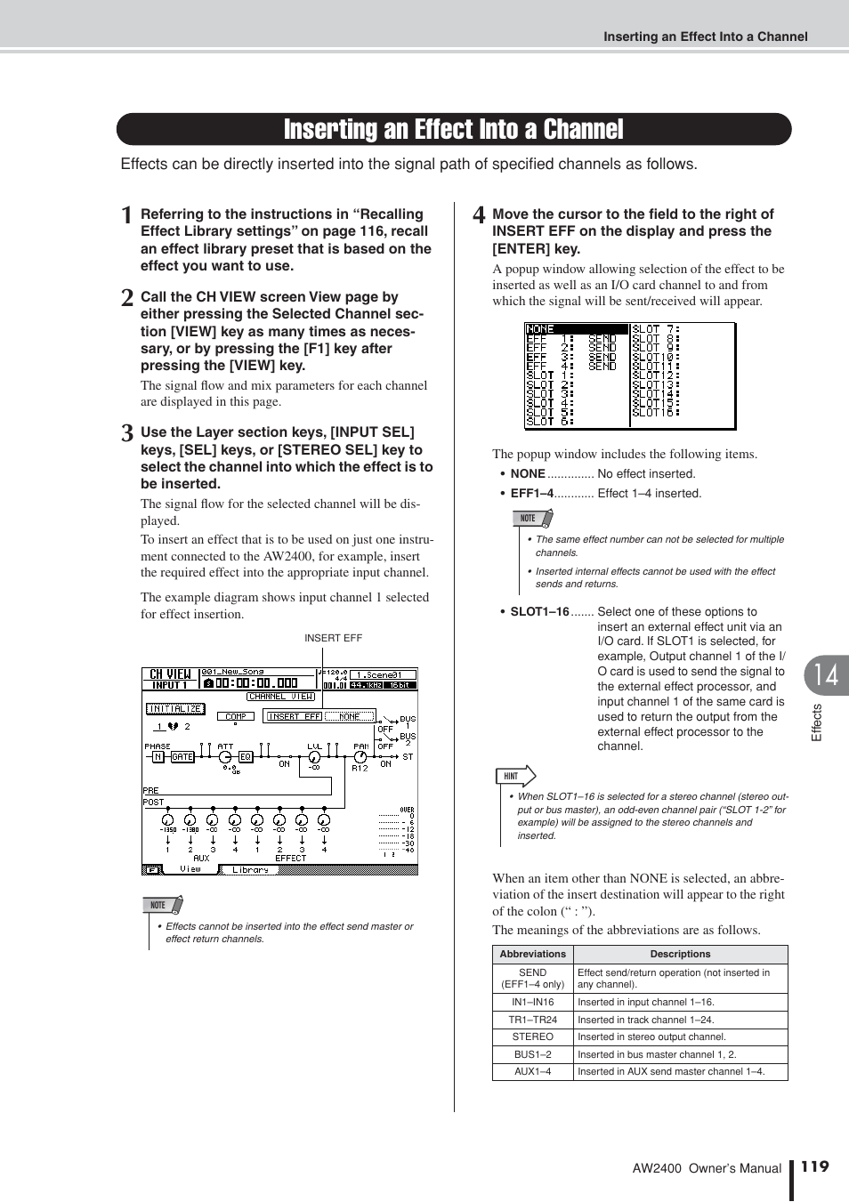 Inserting an effect into a channel, Er to “inserting an effect | Yamaha AW2400 User Manual | Page 119 / 288