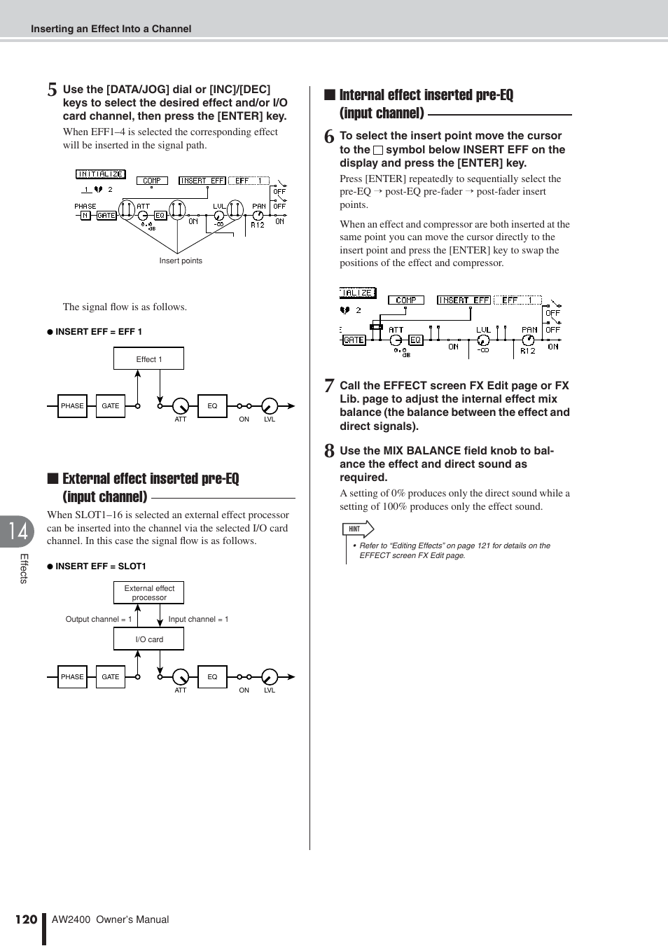 External effect inserted pre-eq (input channel), Internal effect inserted pre-eq (input channel) | Yamaha AW2400 User Manual | Page 120 / 288