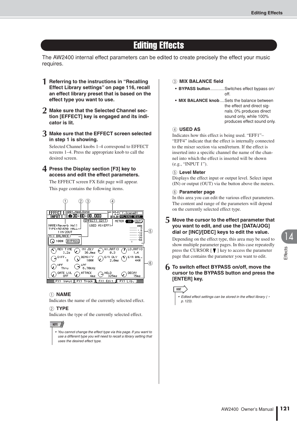 Editing effects | Yamaha AW2400 User Manual | Page 121 / 288