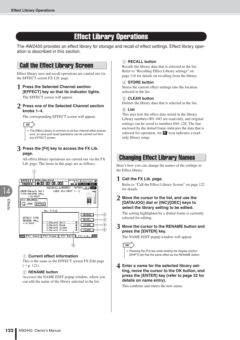 Effect library operations, Call the effect library screen, Changing effect library names | Yamaha AW2400 User Manual | Page 122 / 288