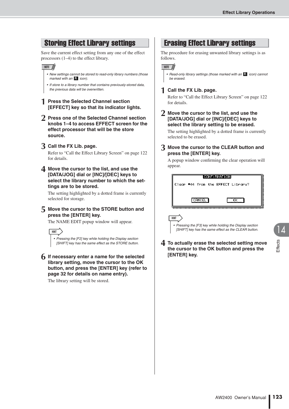 Storing effect library settings, Erasing effect library settings | Yamaha AW2400 User Manual | Page 123 / 288