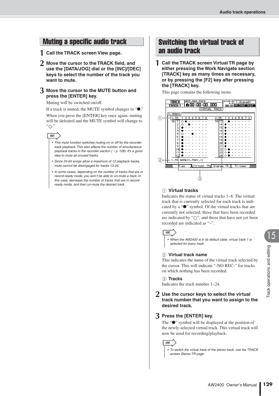 Muting a specific audio track, Switching the virtual track of an audio track | Yamaha AW2400 User Manual | Page 129 / 288