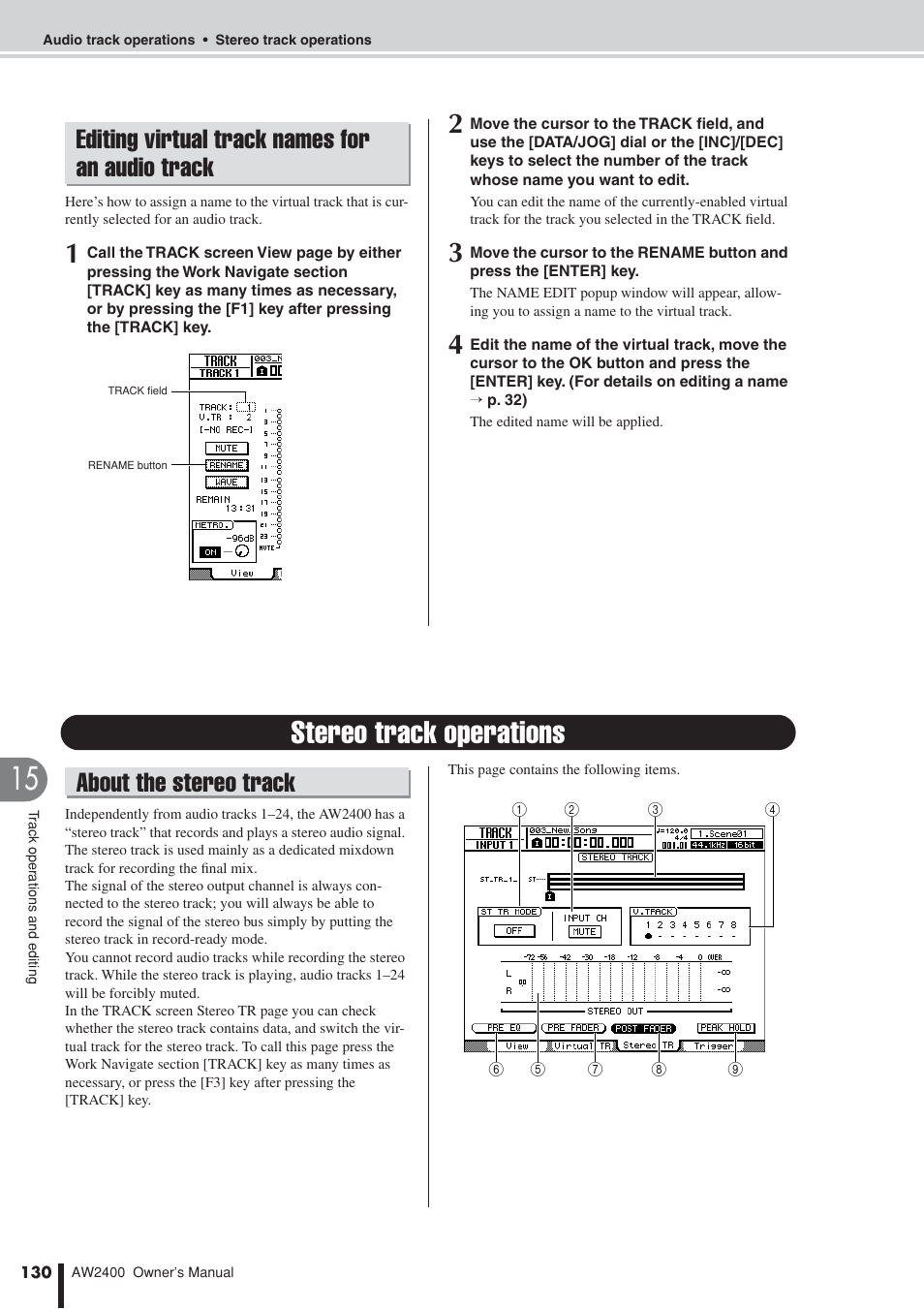 Editing virtual track names for an audio track, Stereo track operations, About the stereo track | Yamaha AW2400 User Manual | Page 130 / 288