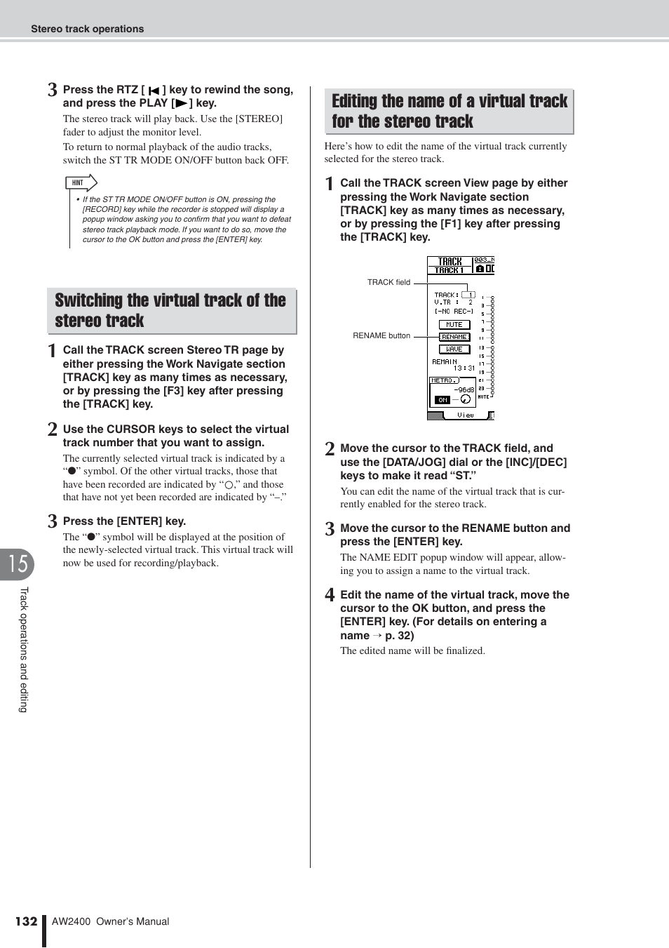 Switching the virtual track of the stereo track, Editing the name of a virtual track, For the stereo track | Yamaha AW2400 User Manual | Page 132 / 288