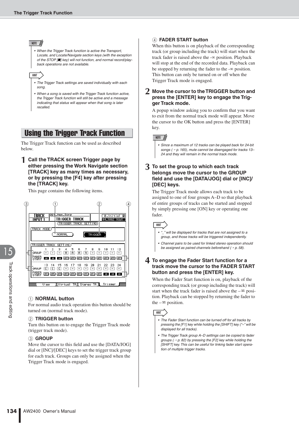 Using the trigger track function | Yamaha AW2400 User Manual | Page 134 / 288