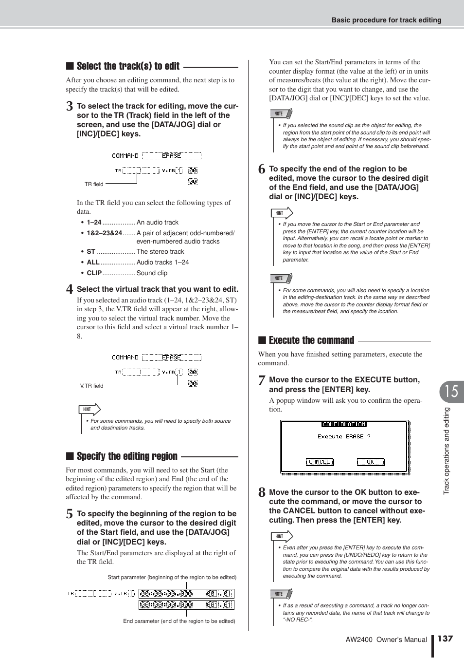 Select the track(s) to edit, Specify the editing region, Execute the command | Yamaha AW2400 User Manual | Page 137 / 288