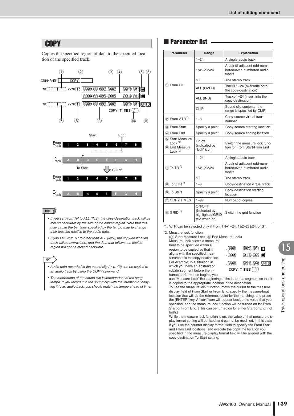 Copy, Parameter list | Yamaha AW2400 User Manual | Page 139 / 288