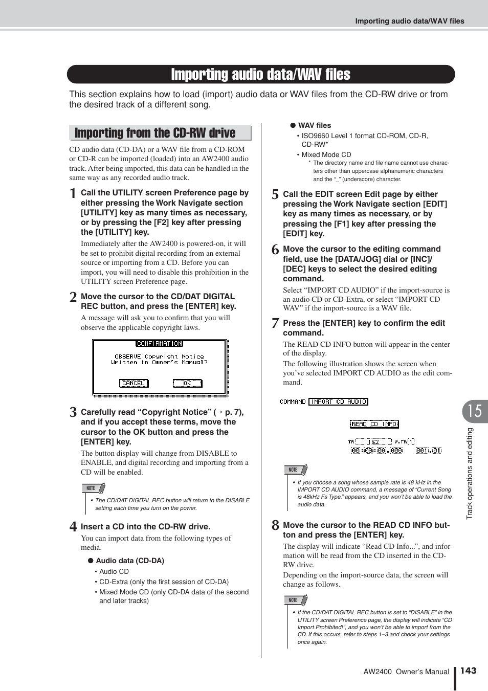 Importing audio data/wav files, Importing from the cd-rw drive, P. 143) | Yamaha AW2400 User Manual | Page 143 / 288