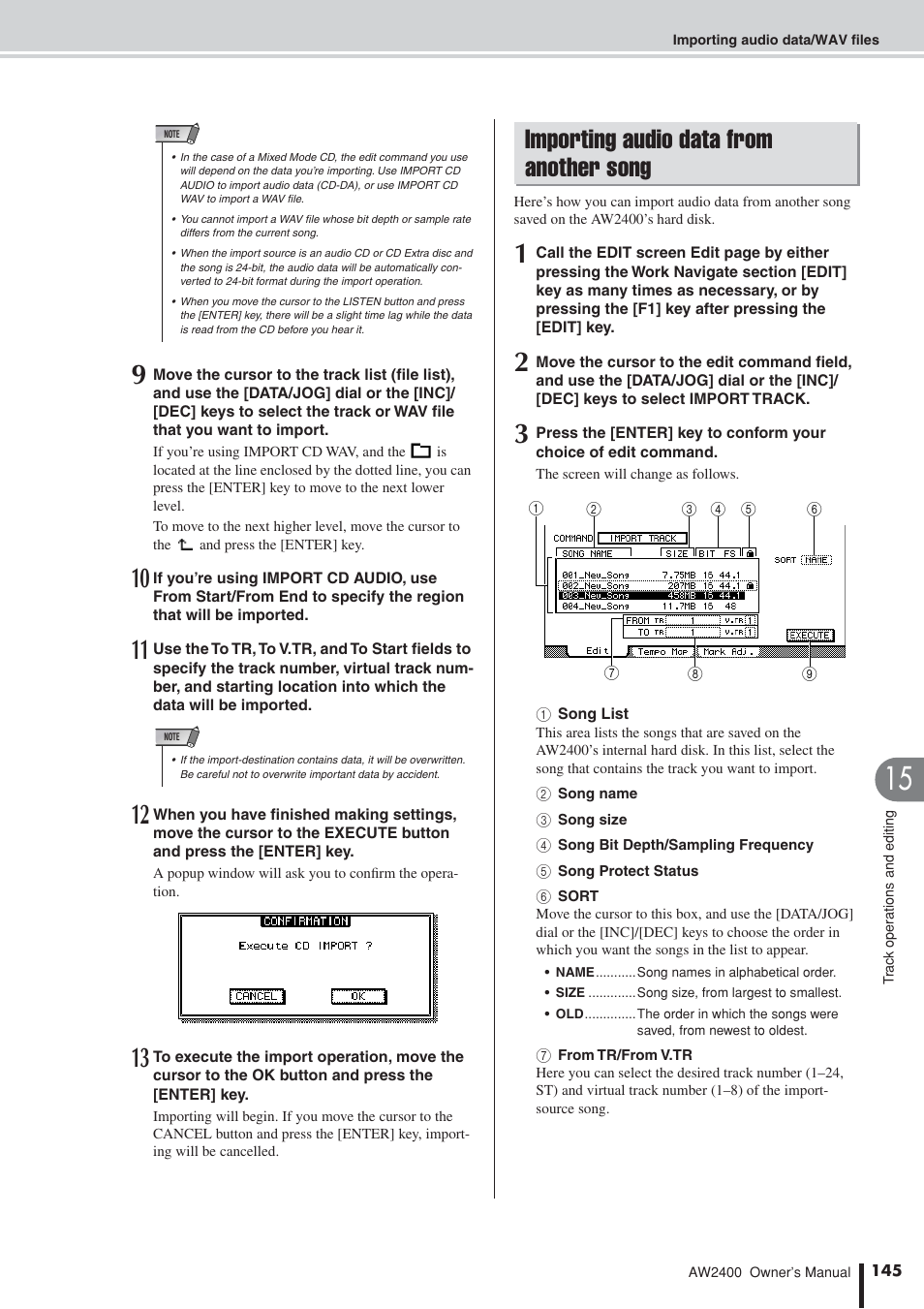 Importing audio data from another song, P. 145) | Yamaha AW2400 User Manual | Page 145 / 288