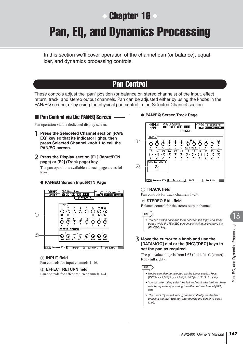 Pan, eq, and dynamics processing, Pan control, An/eq screen knobs | P. 147), Chapter 16, Pan control via the pan/eq screen | Yamaha AW2400 User Manual | Page 147 / 288