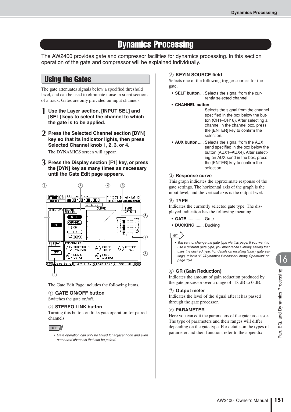 Dynamics processing, Using the gates | Yamaha AW2400 User Manual | Page 151 / 288