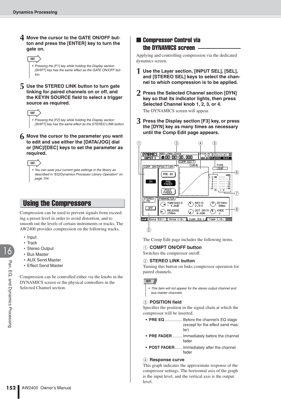 Using the compressors, Compressor control via the dynamics screen | Yamaha AW2400 User Manual | Page 152 / 288