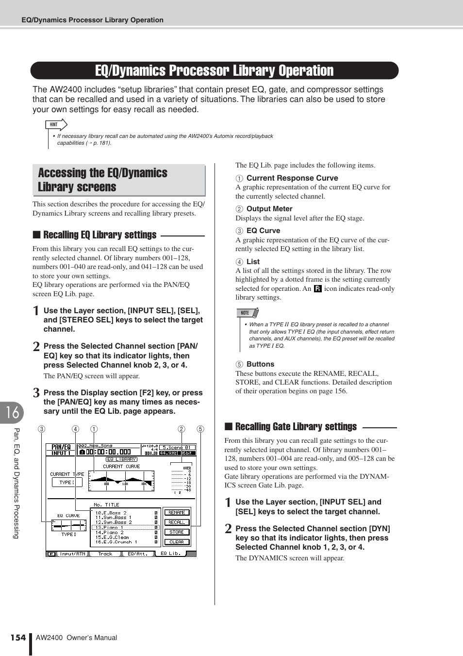 Eq/dynamics processor library operation, Accessing the eq/dynamics library screens, Recalling eq library settings | Recalling gate library settings | Yamaha AW2400 User Manual | Page 154 / 288