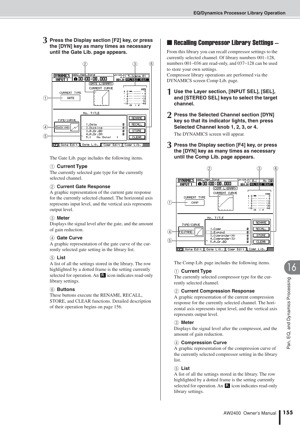 Recalling compressor library settings | Yamaha AW2400 User Manual | Page 155 / 288