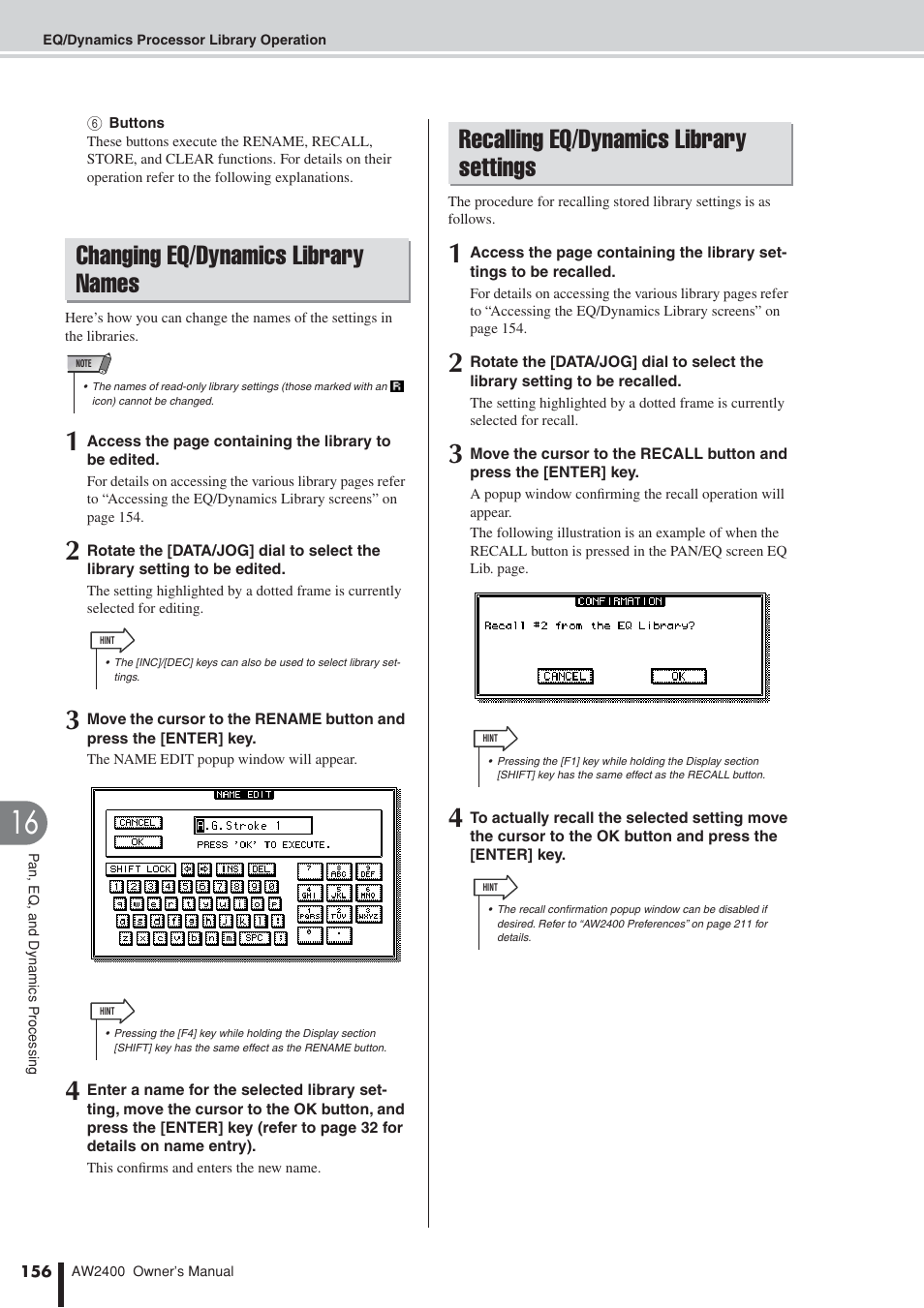 Changing eq/dynamics library names, Recalling eq/dynamics library settings | Yamaha AW2400 User Manual | Page 156 / 288