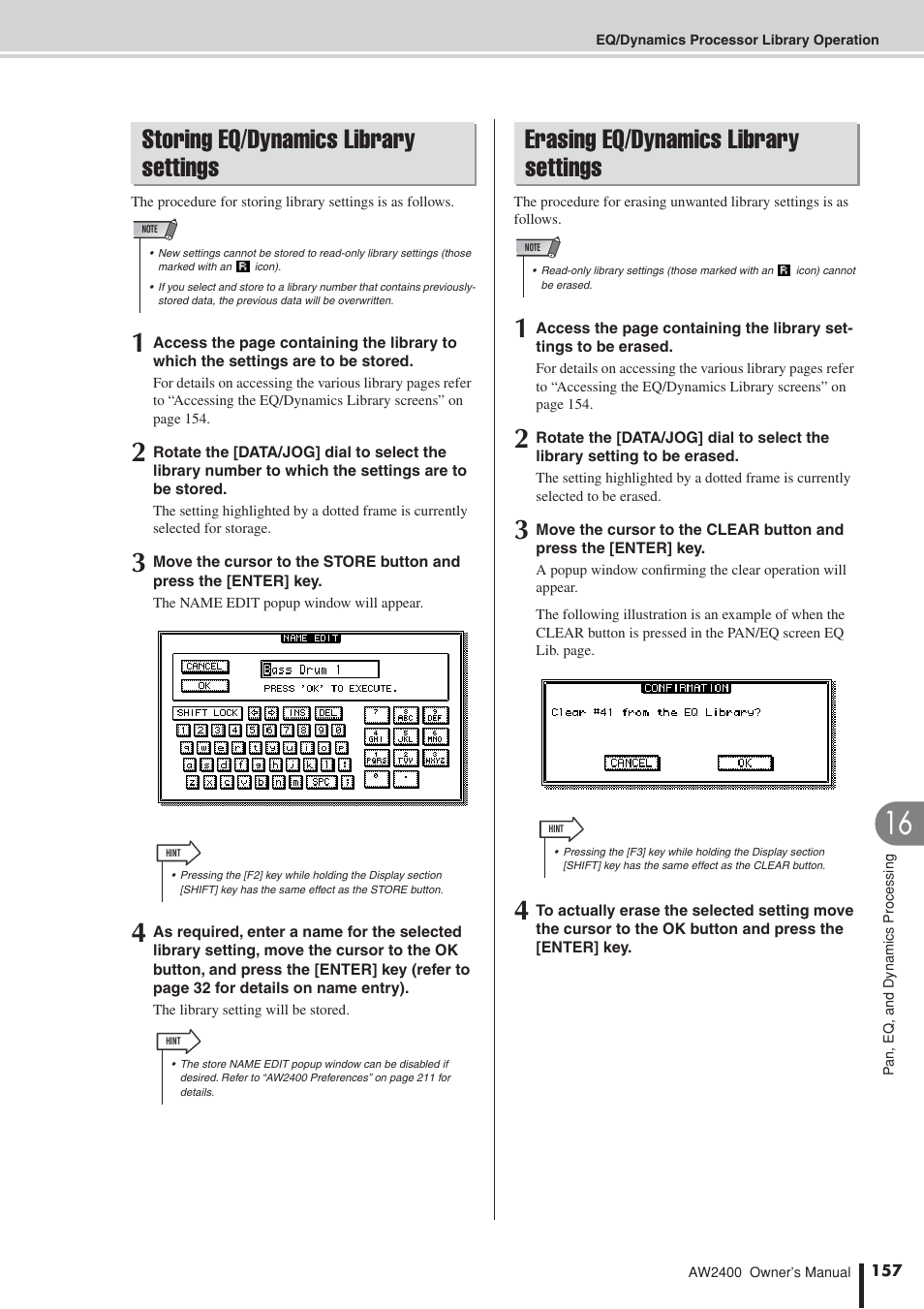 Storing eq/dynamics library settings, Erasing eq/dynamics library settings | Yamaha AW2400 User Manual | Page 157 / 288