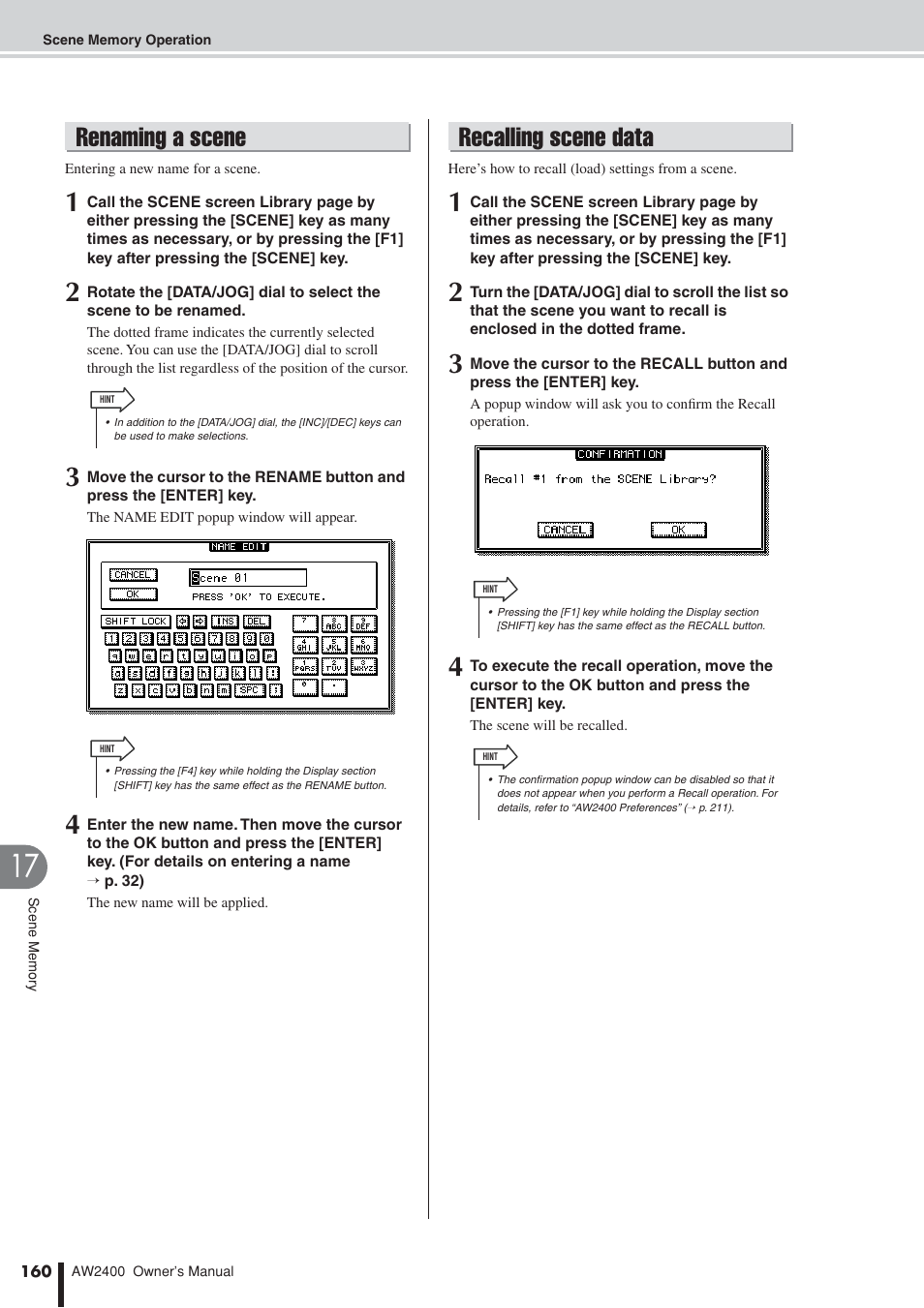 Renaming a scene, Recalling scene data | Yamaha AW2400 User Manual | Page 160 / 288