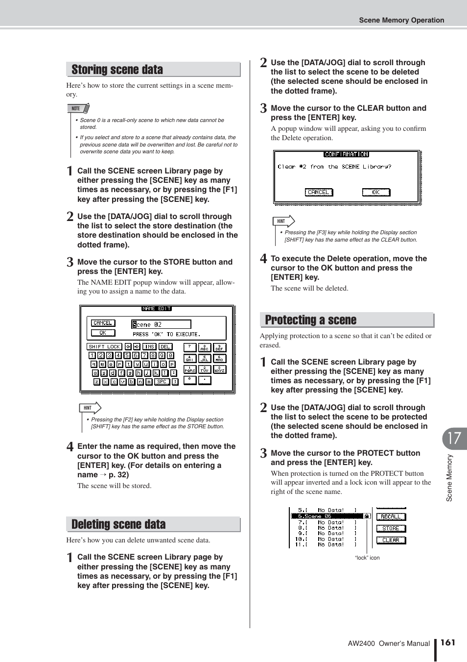 Storing scene data, Deleting scene data, Protecting a scene | Yamaha AW2400 User Manual | Page 161 / 288