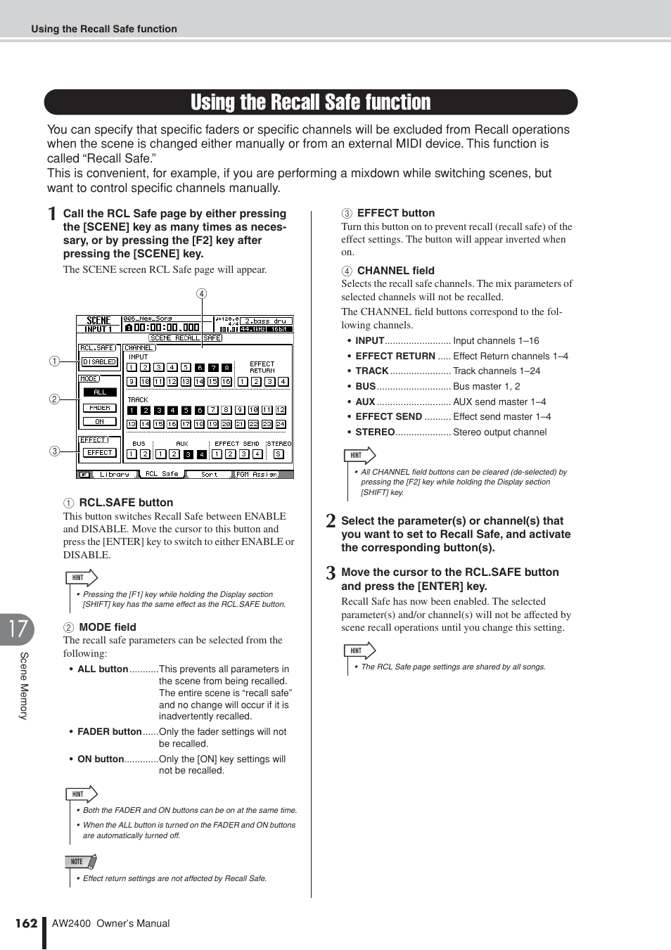 Using the recall safe function | Yamaha AW2400 User Manual | Page 162 / 288