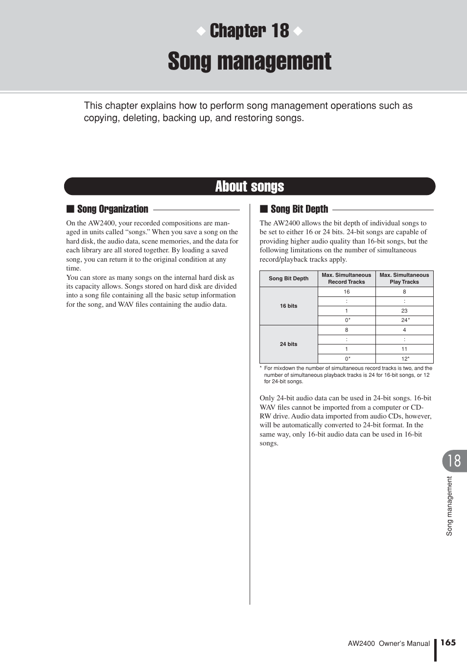 Song management, About songs, P. 165), tr | Chapter 18, Song organization, Song bit depth | Yamaha AW2400 User Manual | Page 165 / 288