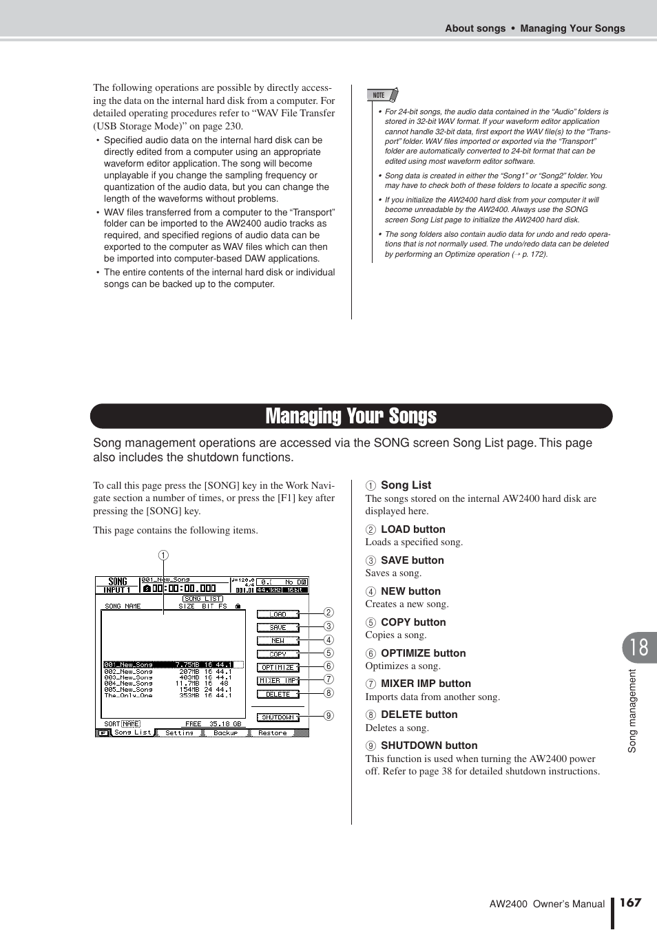 Managing your songs | Yamaha AW2400 User Manual | Page 167 / 288