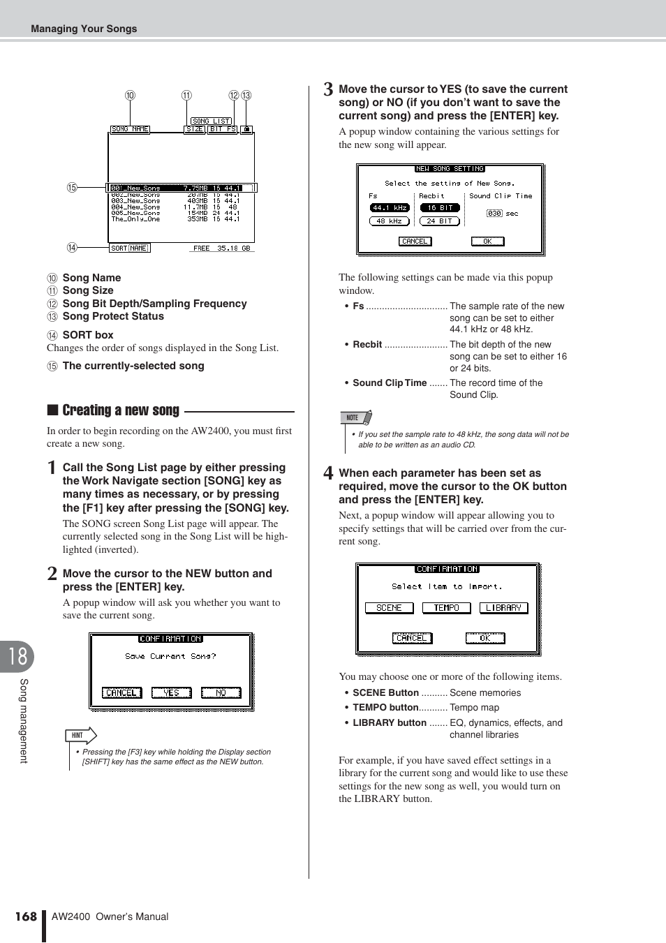 Creating a new song | Yamaha AW2400 User Manual | Page 168 / 288