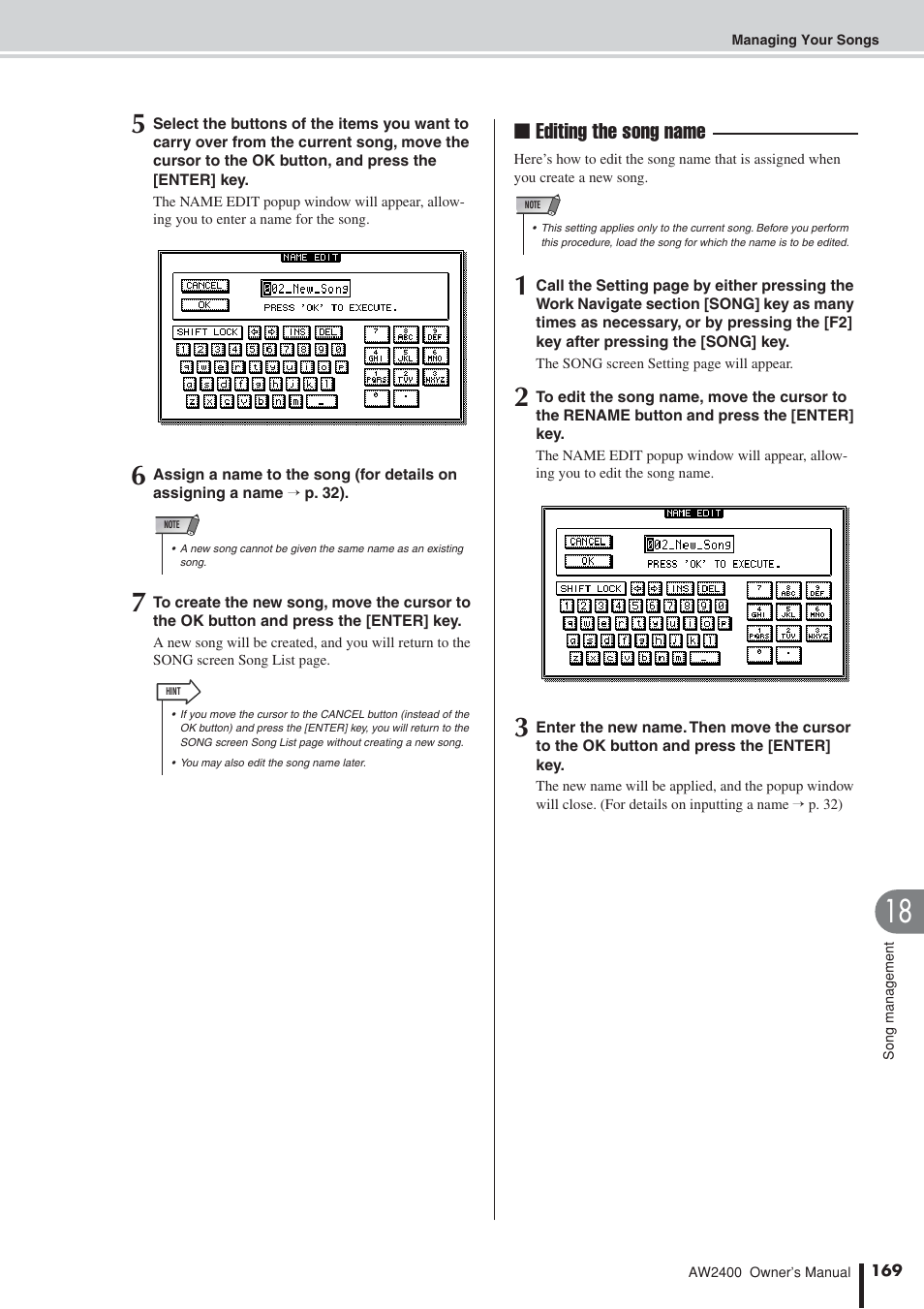 Editing the song name | Yamaha AW2400 User Manual | Page 169 / 288