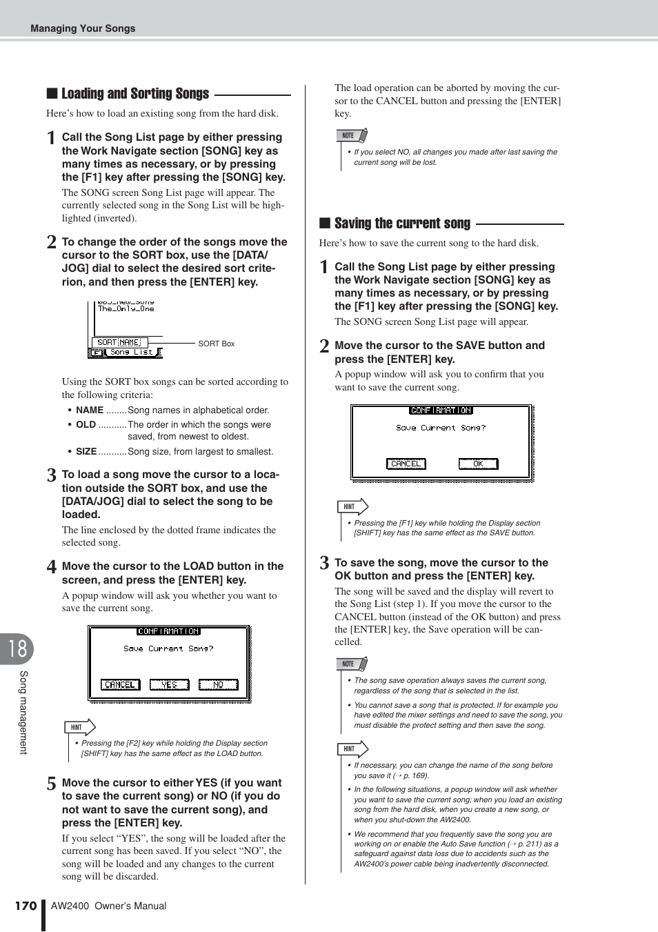 Loading and sorting songs, Saving the current song | Yamaha AW2400 User Manual | Page 170 / 288