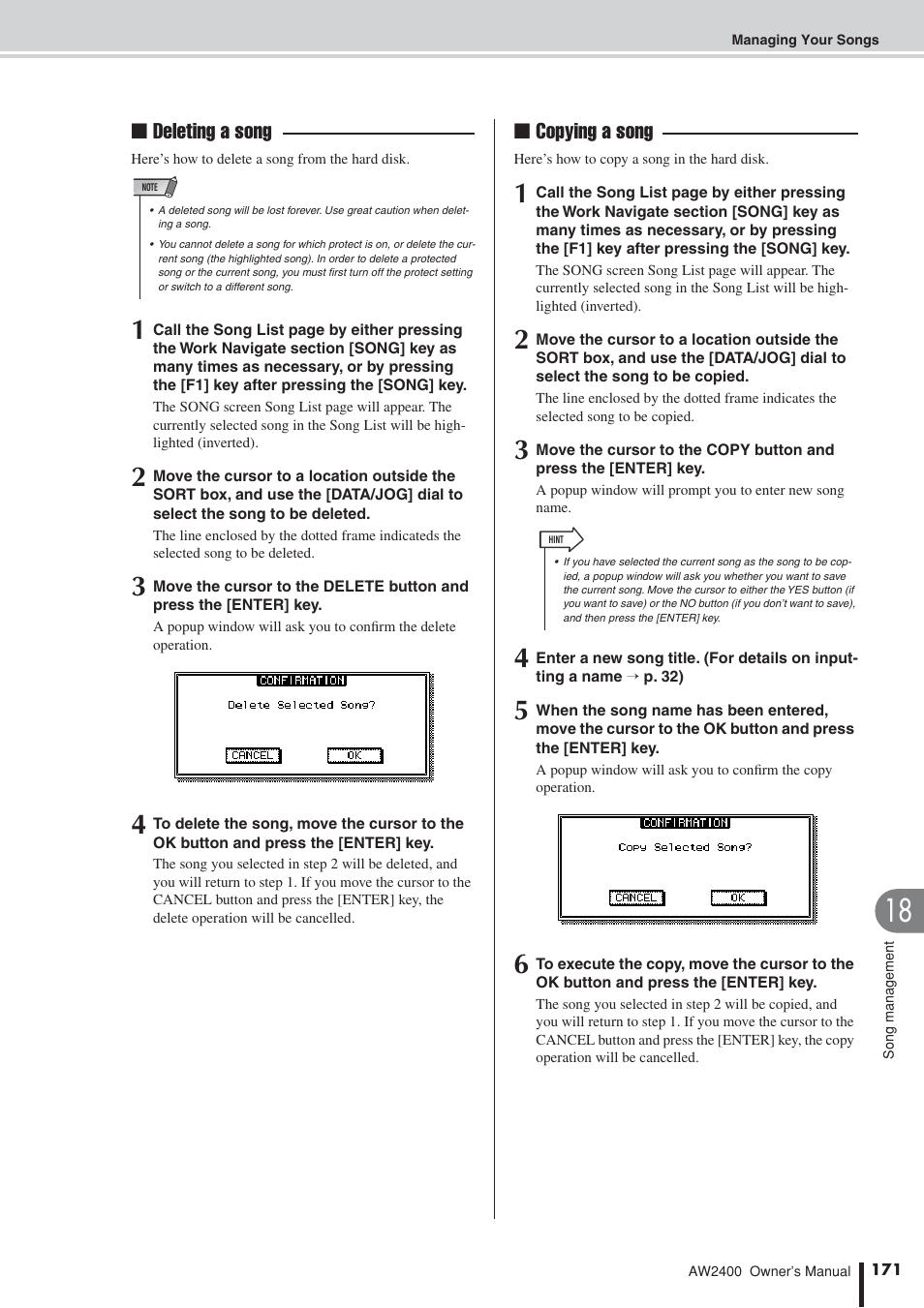 Deleting a song, Copying a song | Yamaha AW2400 User Manual | Page 171 / 288