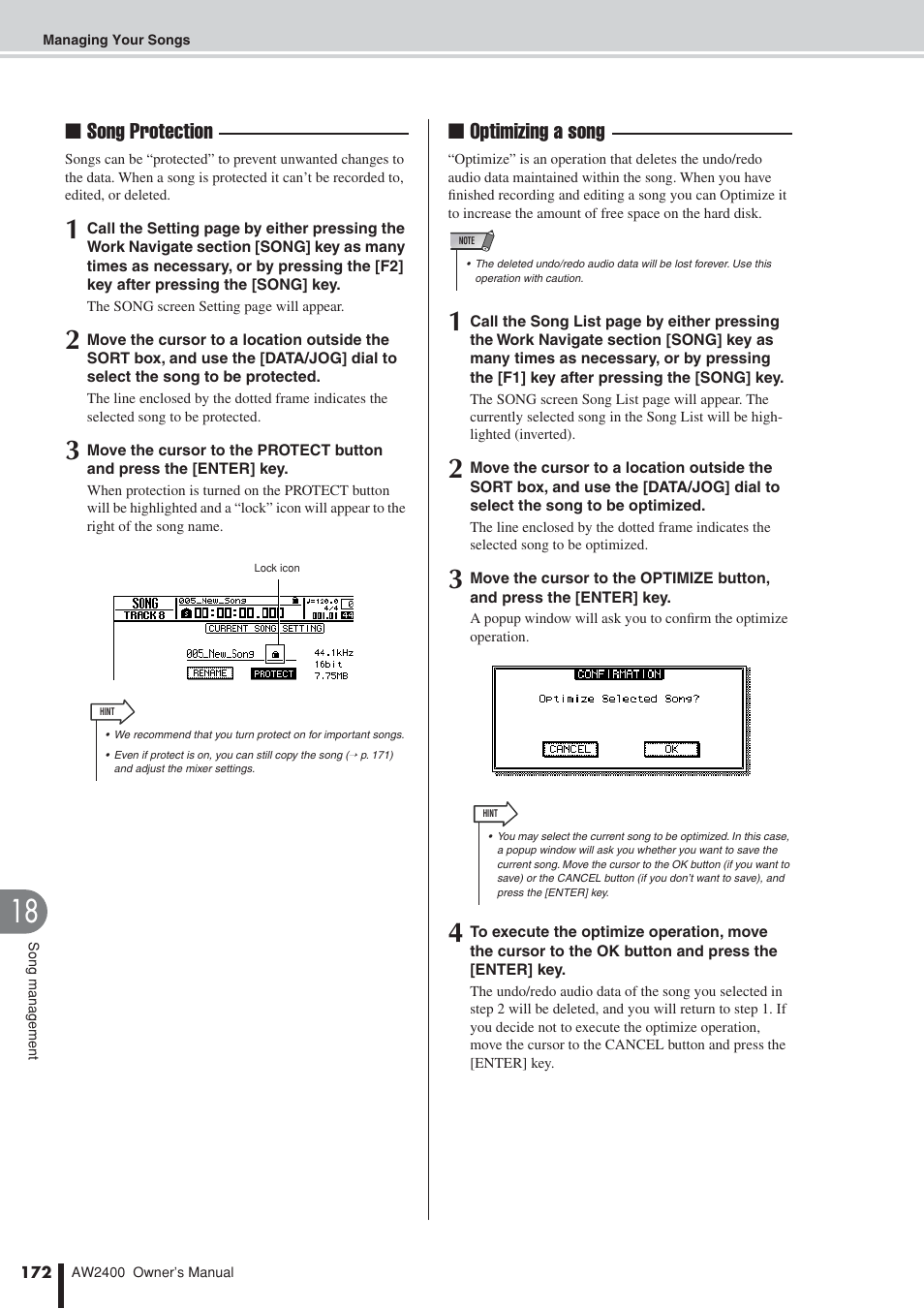 Ation, P. 172), Song protection | Optimizing a song | Yamaha AW2400 User Manual | Page 172 / 288