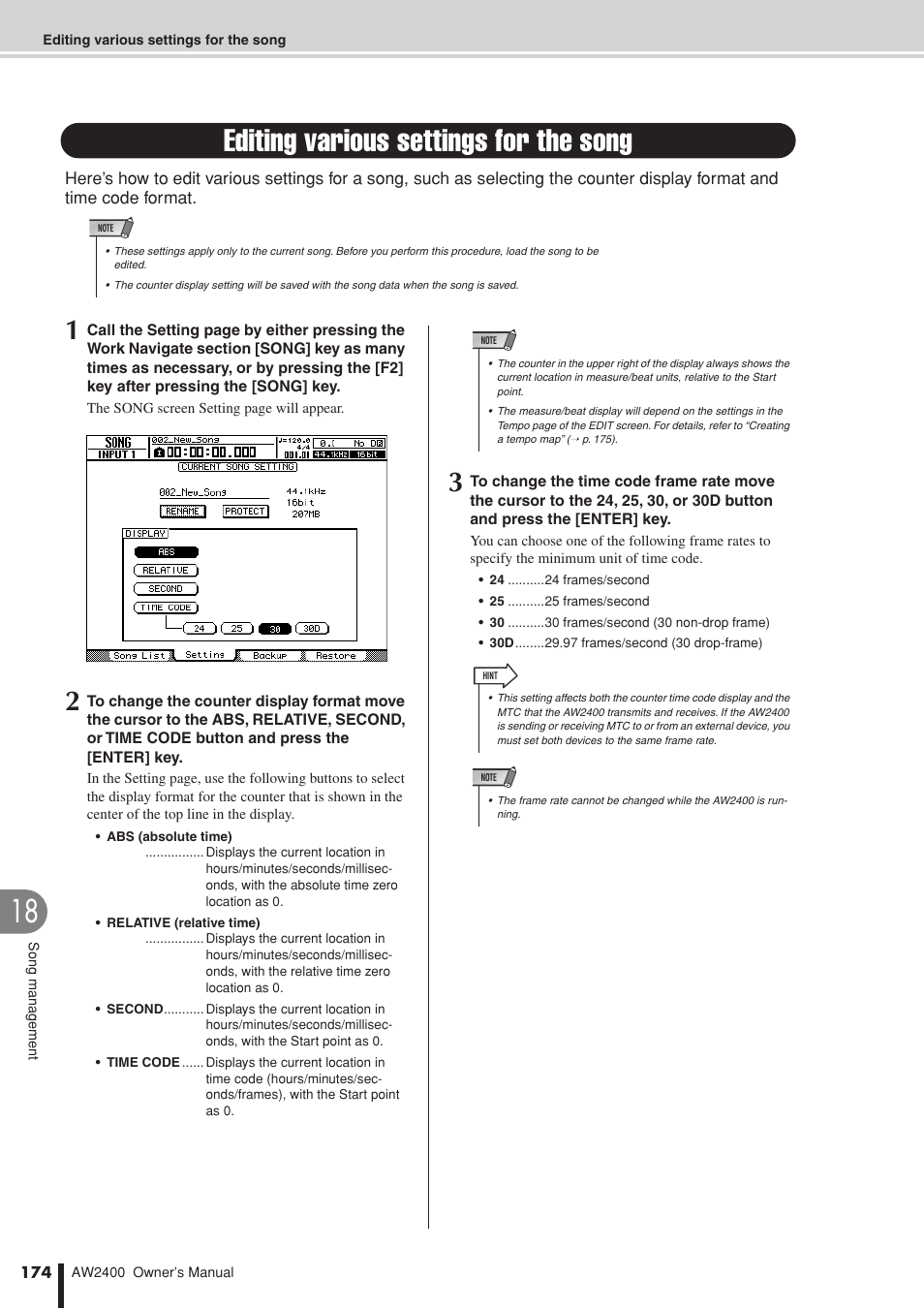 Editing various settings for the song | Yamaha AW2400 User Manual | Page 174 / 288