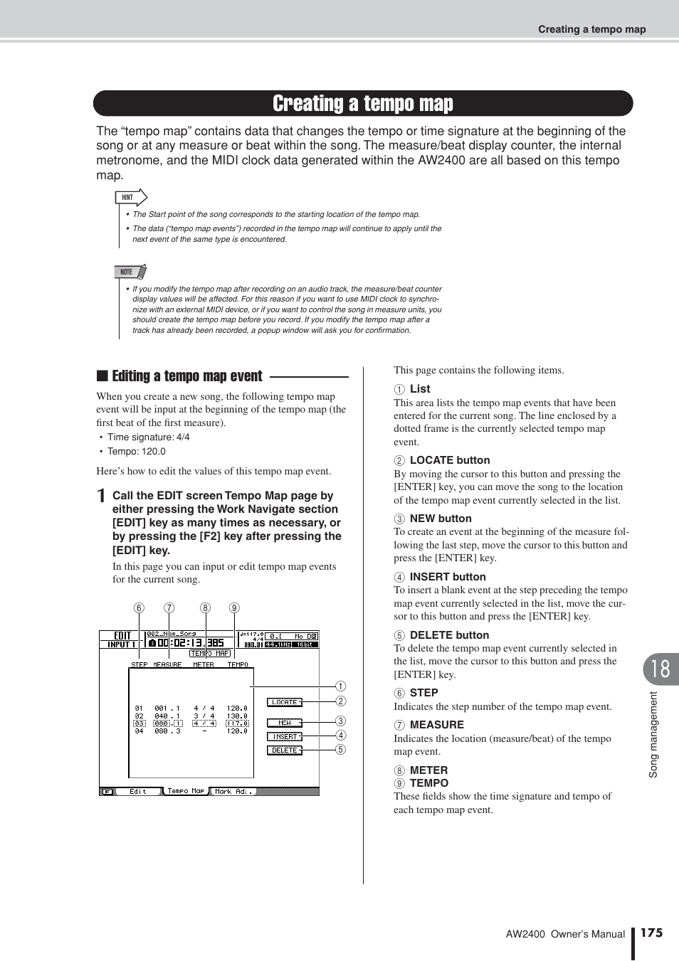 Creating a tempo map, Editing a tempo map event | Yamaha AW2400 User Manual | Page 175 / 288