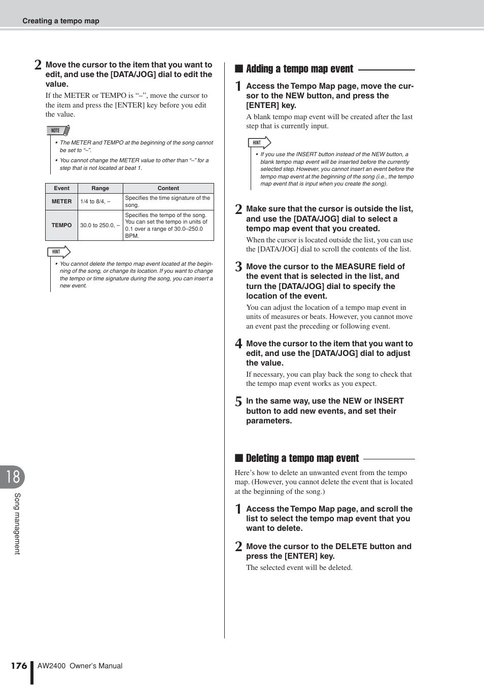 Adding a tempo map event, Deleting a tempo map event | Yamaha AW2400 User Manual | Page 176 / 288