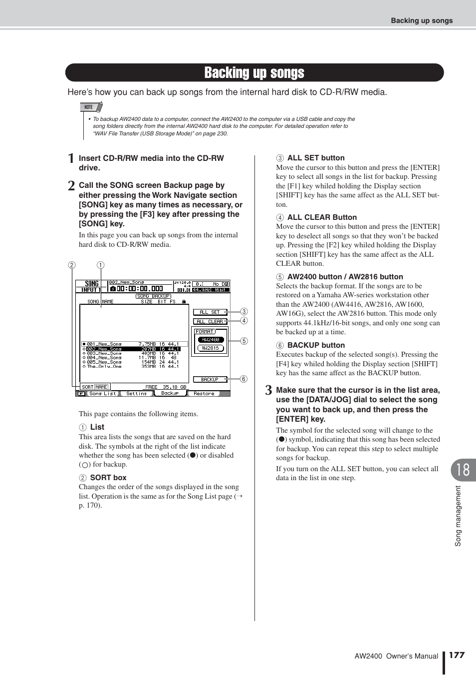 Backing up songs | Yamaha AW2400 User Manual | Page 177 / 288
