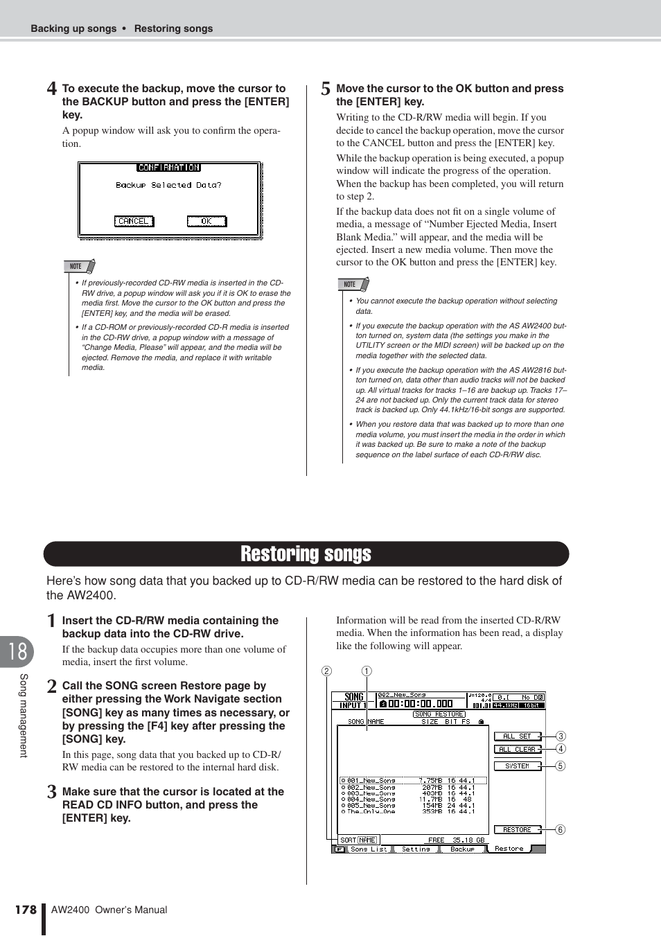 Restoring songs | Yamaha AW2400 User Manual | Page 178 / 288