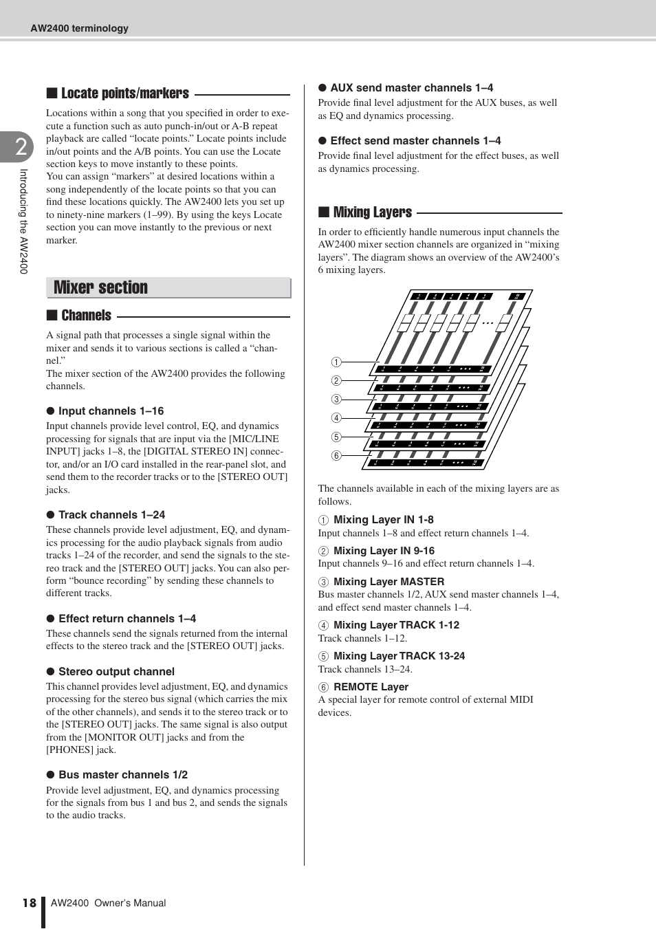 Mixer section, Locate points/markers, Channels ■ mixing layers | Yamaha AW2400 User Manual | Page 18 / 288