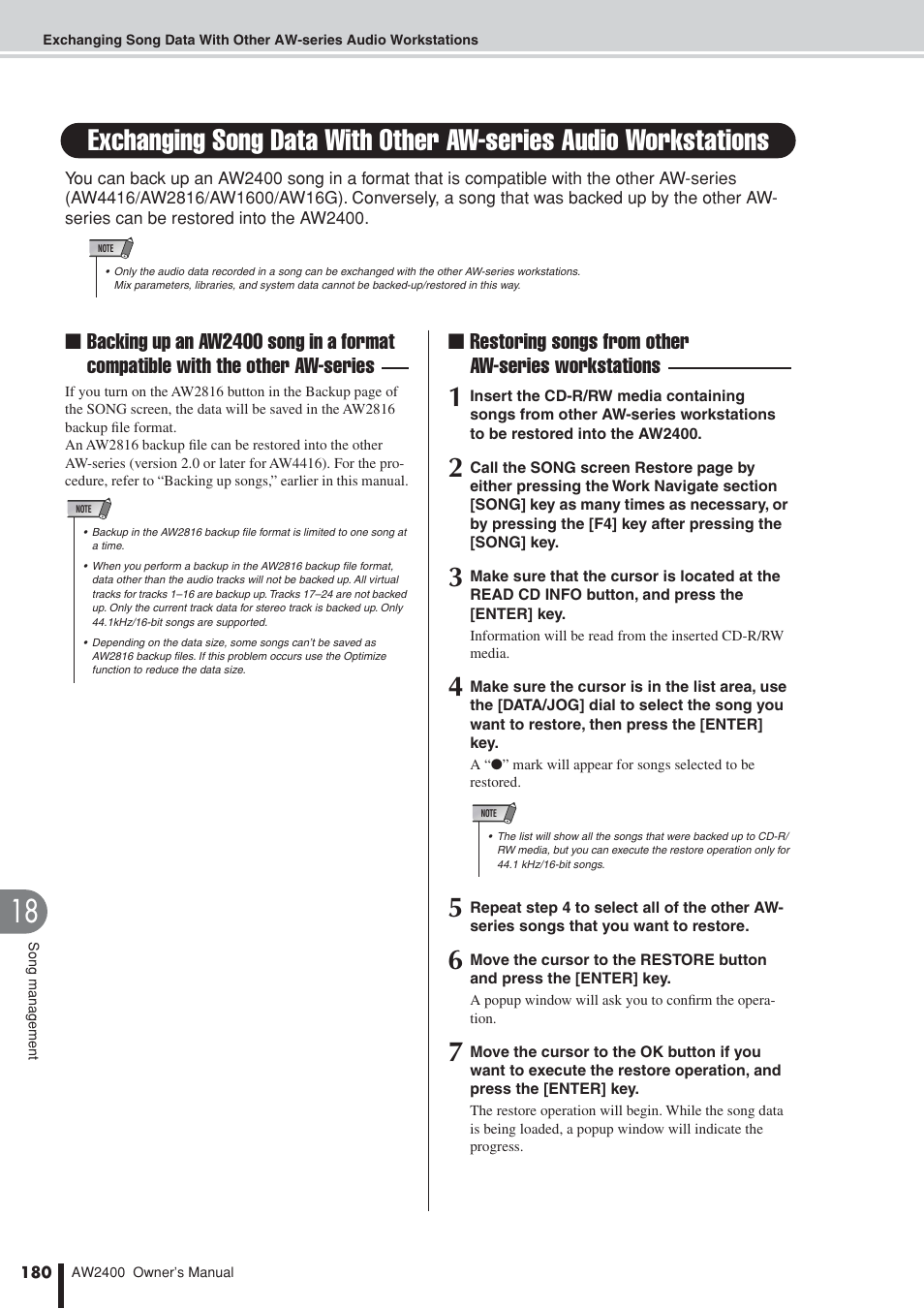 Restoring songs from other aw-series workstations | Yamaha AW2400 User Manual | Page 180 / 288