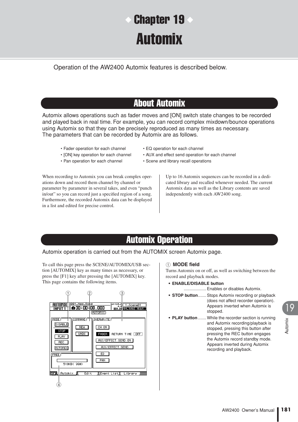 Automix, About automix, Automix operation | Chapter 19 | Yamaha AW2400 User Manual | Page 181 / 288