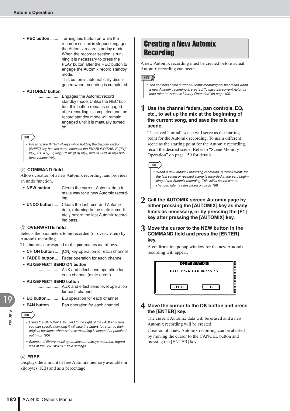 Creating a new automix recording | Yamaha AW2400 User Manual | Page 182 / 288