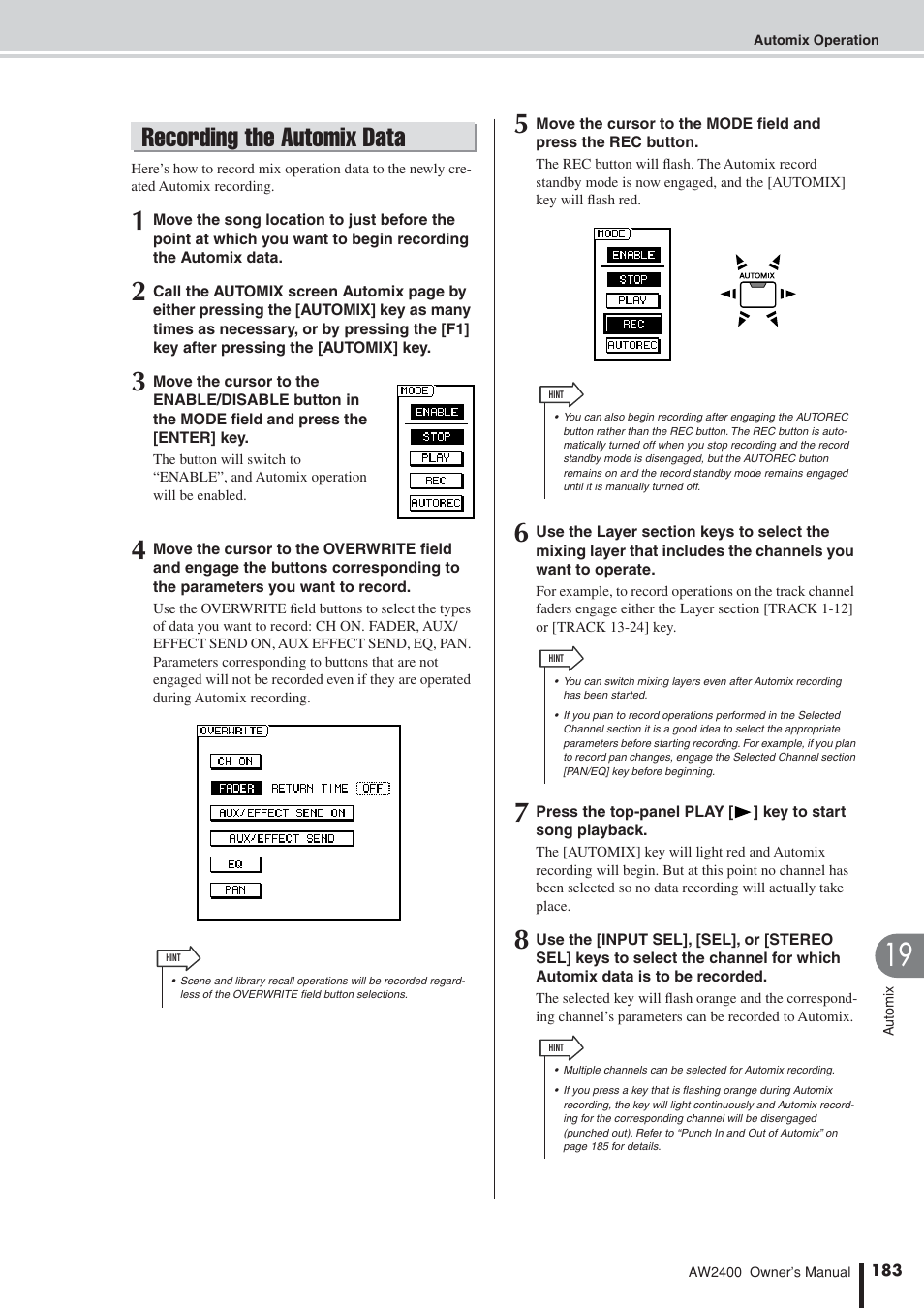 Recording the automix data | Yamaha AW2400 User Manual | Page 183 / 288