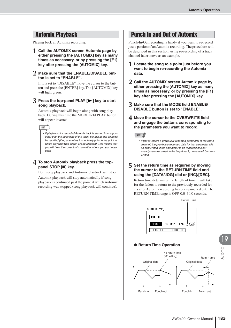 Automix playback, Punch in and out of automix, P. 185) | Yamaha AW2400 User Manual | Page 185 / 288