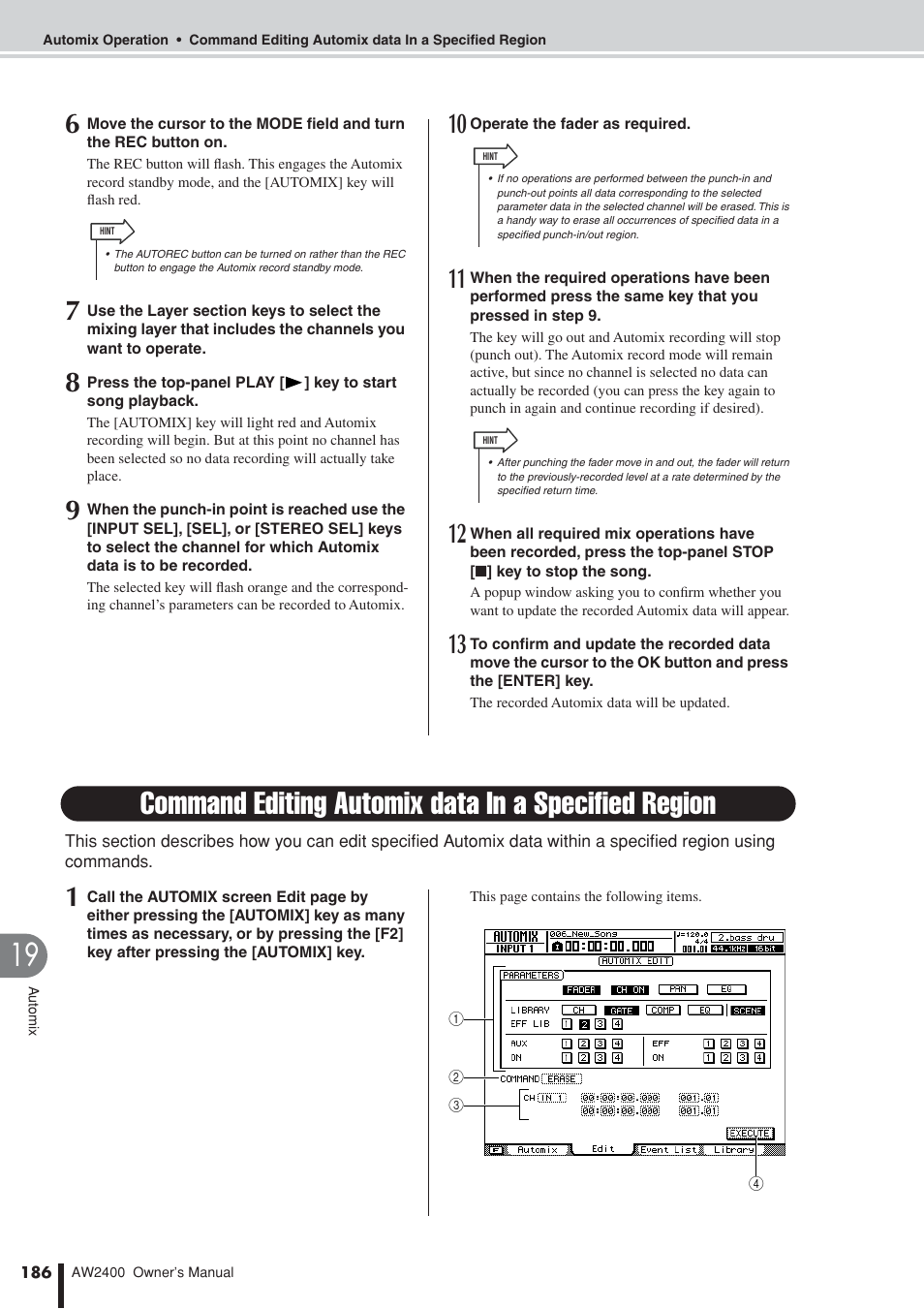 Command editing automix data in a specified region | Yamaha AW2400 User Manual | Page 186 / 288